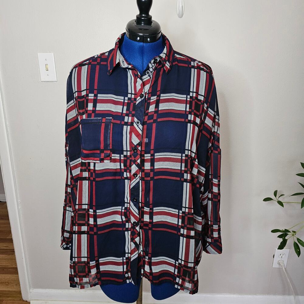 Sans Souci Plaid Oversized Button Front Blouse Navy Red White Size M